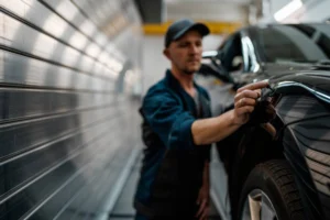 Mechaniker repariert Dellen- und Hagelschaden am Auto durch lackfreie Dellenentfernung.