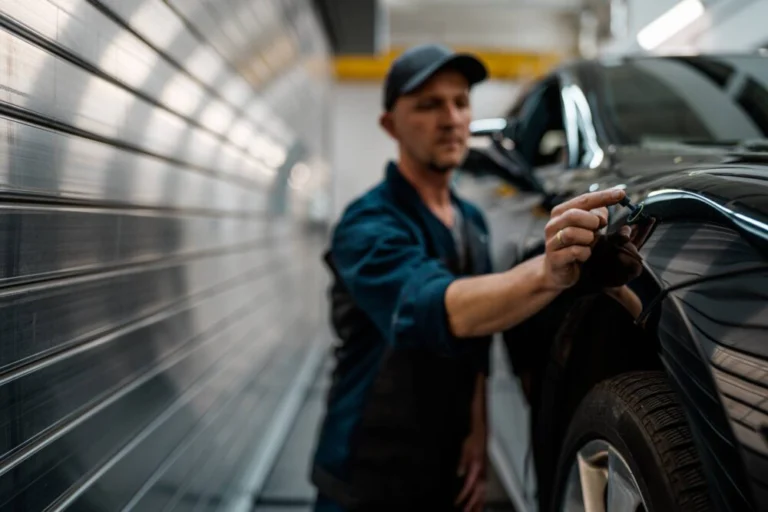 Mechaniker repariert Dellen- und Hagelschaden am Auto durch lackfreie Dellenentfernung.