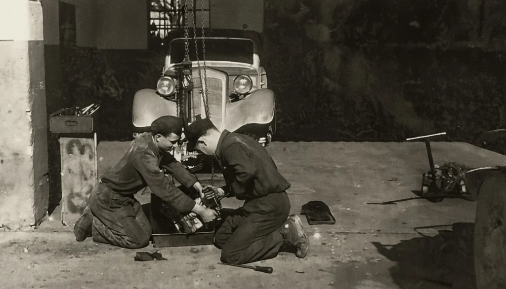 Mechaniker bei Reparaturarbeiten im historischen Autohaus Gredinger